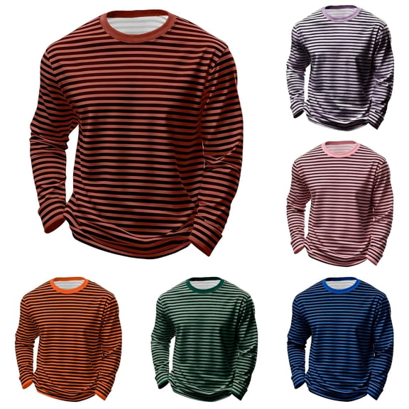 Afdoent Mens Long Sleeve T-Shirt Striped Crew Neck T Shirt Casual Comfortable Daily Fashion Tee Tops Vacation Soft Top