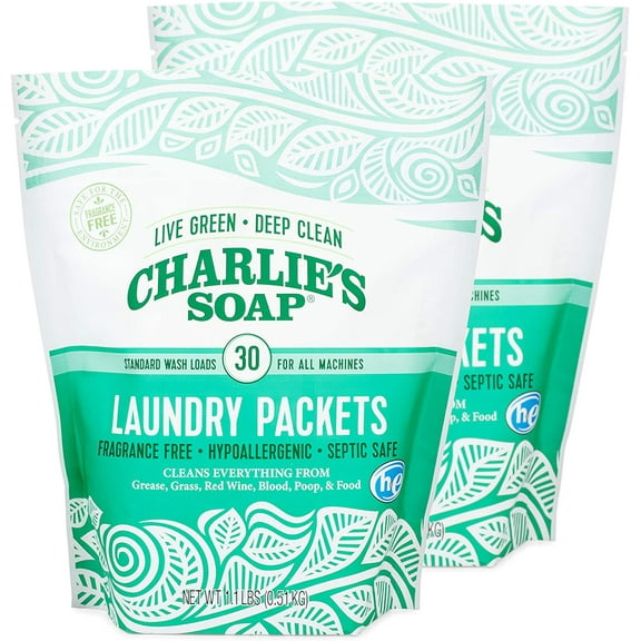 Charlie's Soap - Unscented Powdered Laundry Packets 30 Count (2 Pack 60 Total Loads)