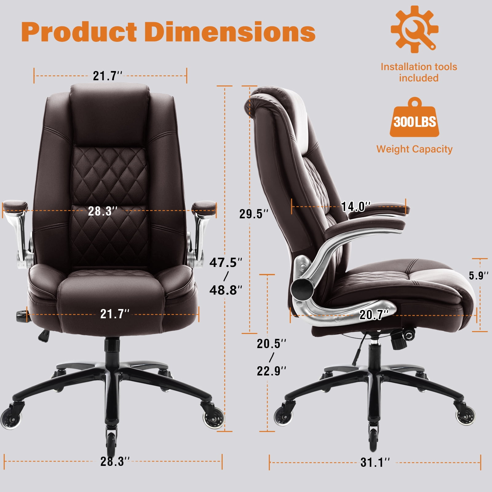 High Back Office Chair with Lumbar Support, Large Upholstered Executive Desk Chair, Faux Leather Computer Chair with Flip-up Arms, Rubber Wheels