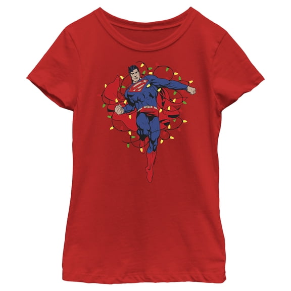 Girl's Superman Christmas Lights  Graphic Tee Red Small
