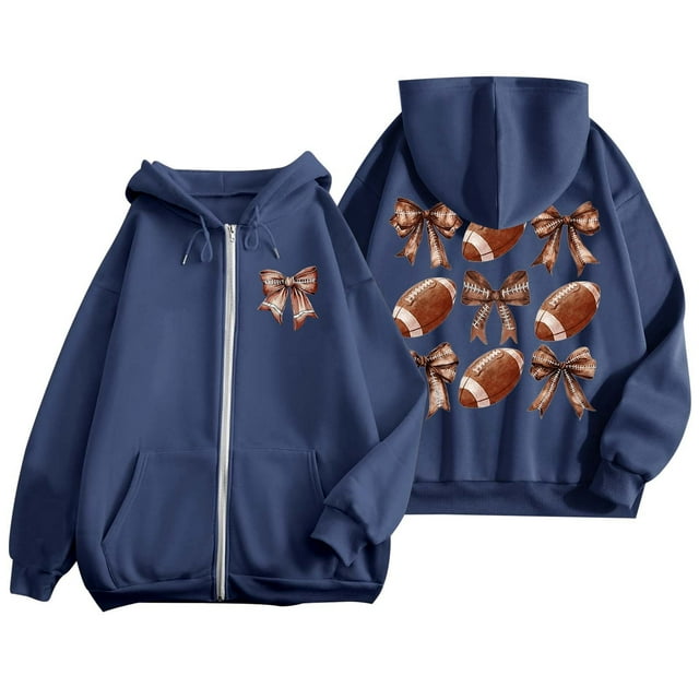 Women's Fashion Rugby Print Zippered Long Sleeve Hoodie with Pocket Drawstring Casual Athletic Sweatshirt