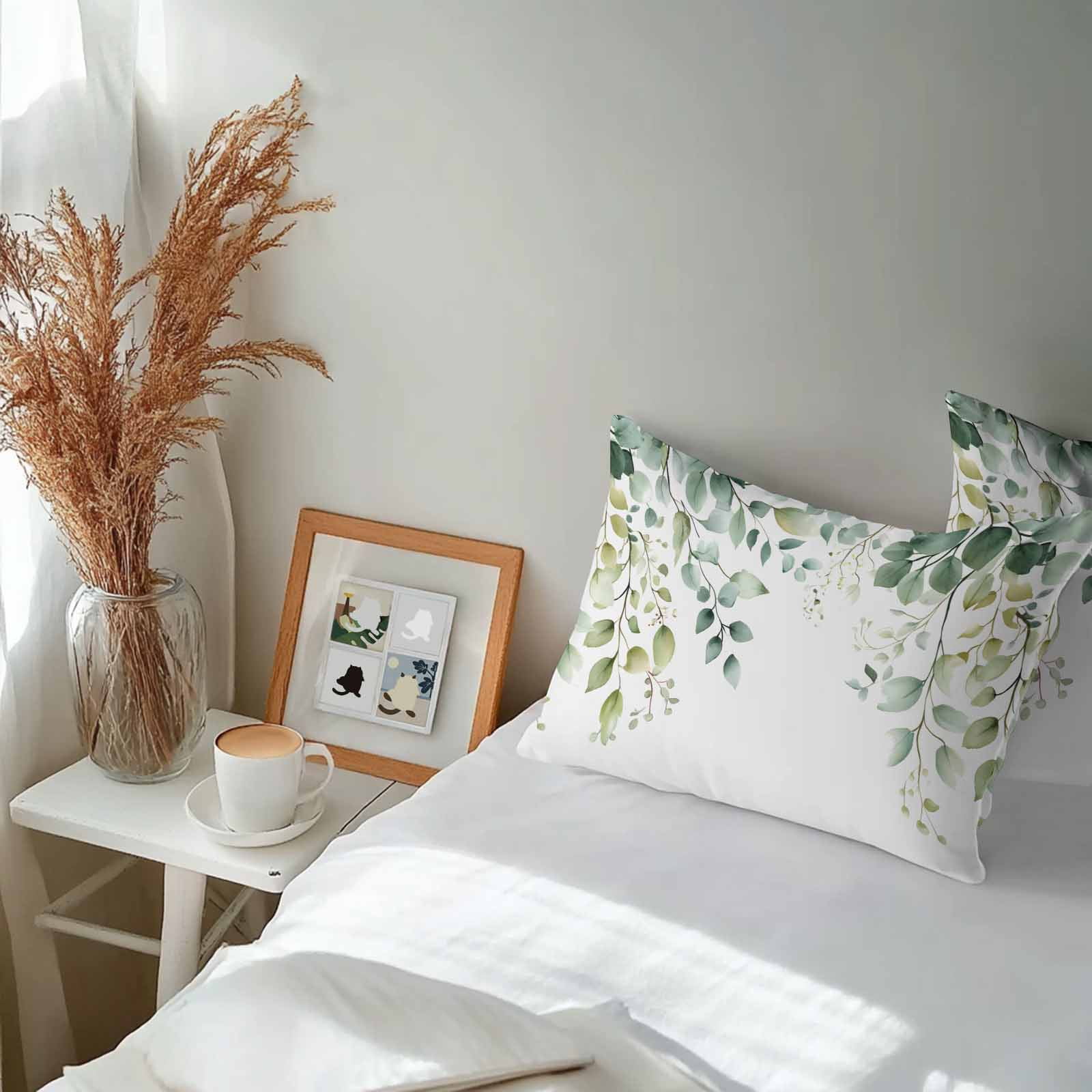 Outdoor Throw Pillows Covers 12X20 Set of 2 Waterproof Sage Green Floral Decorative Zippered Cushion Covers for Patio Furniture, Watercolor Eucalyptus Leaf Boho Botanical Lumbar Pillowcases