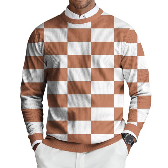 Havenx Sweater for Men Crewneck Plaid Sweatshirts Long Sleeve Knitted Dress Sweater Thermal Business Casual Lightweight Outfit,Watermelon Red 3XL