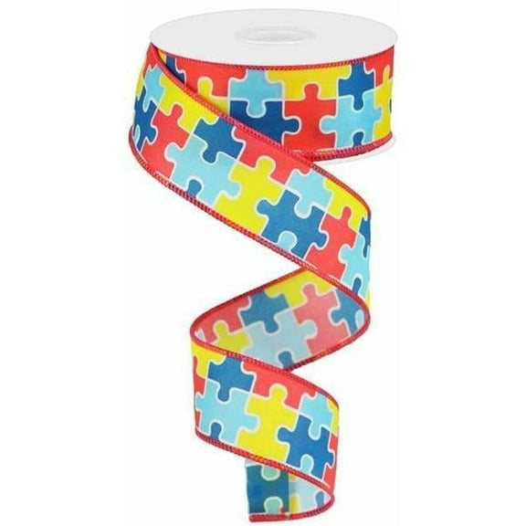 Autism Awareness Puzzle Piece Wired Ribbon, Red Yellow Blue (1.5 Inches x 10 Yards)TR76309-W5