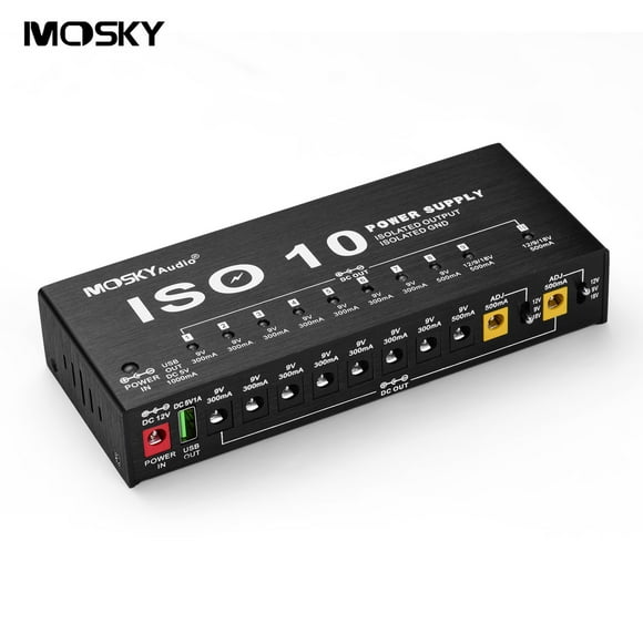 MOSKY ISO-10 Station d'Alimentation à Effet Guitare Portable 10 Sorties DC Isolées et une Sortie USB 5V pour Effets Guitare 9V 18V