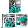 thumbnail image 1 of Teal Rose Wall Art Master Bedroom Decor for Couples Turquoise Floral Posters Bathroom Pictures Green Flower Canvas Painting Living Room Dinner Room Decor Rustic Home Decorations 16x16" 3Pcs, 1 of 6