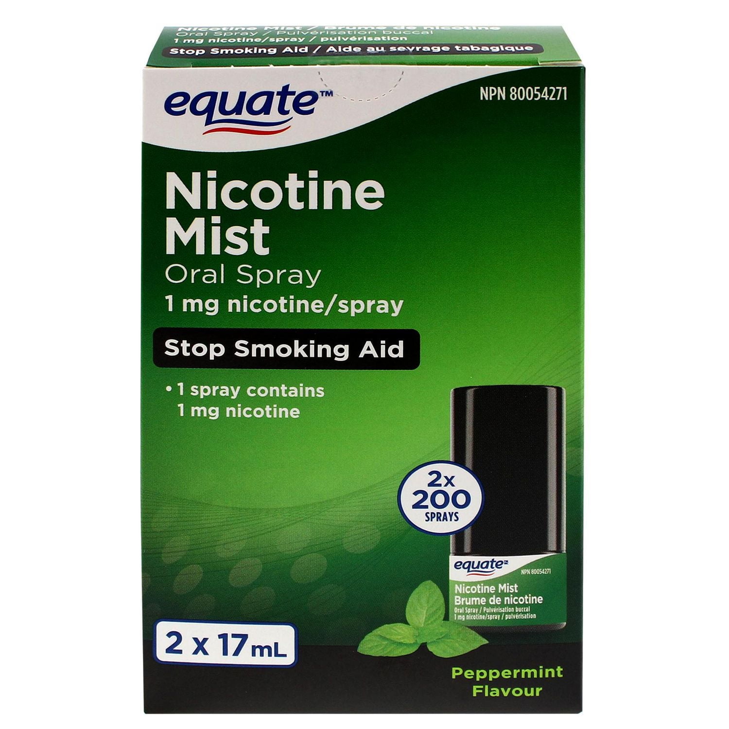 Brume de nicotine pulvérisation buccal, Arôme de menthe poivrée Equate 2 x 17 ml