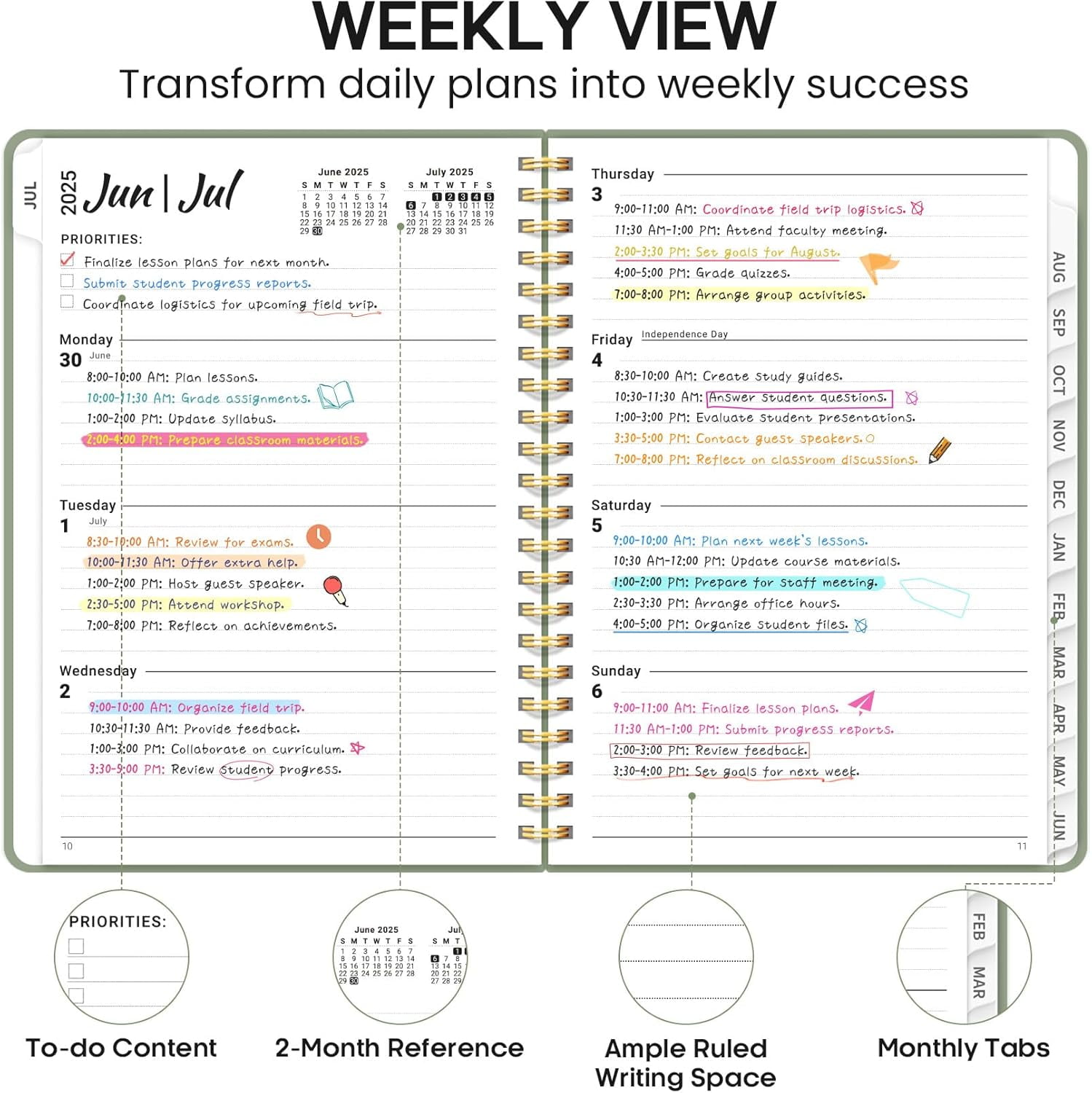 Academic Planner 2025-2026, Weekly and Monthly Calendar Planner Book, July 2025 – June 2026, Hardcover Organizer with Tabs, Perfect for Teachers, Students, Women & Men, A5 (6.4" x 8.5") - Pink
