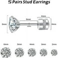 thumbnail image 5 of 5 Pairs Titanium Screw Back Stud Earrings Set Round Cubic Zirconia Earrings for Women Men, Silver (2-6mm), 5 of 11