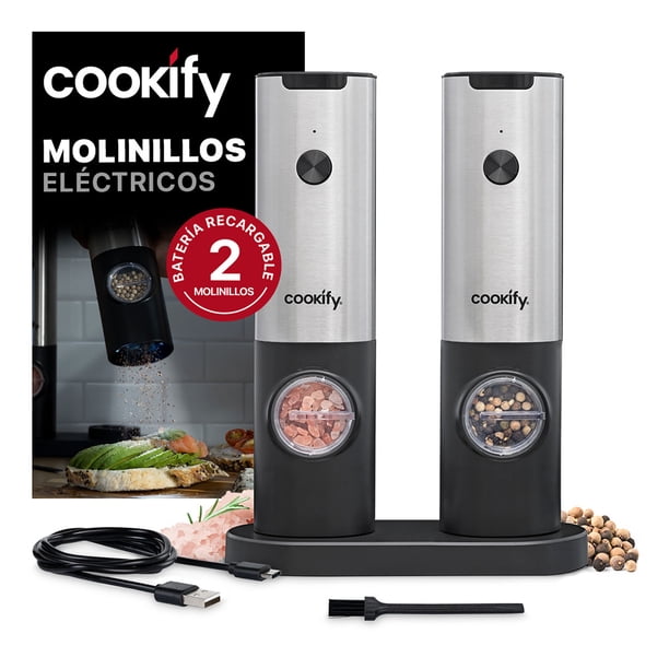 Set de Molinillos Eléctricos Recargables Cookify para Sal y Pimienta. Molino de Especias de Acero Inoxidable con Luz LED