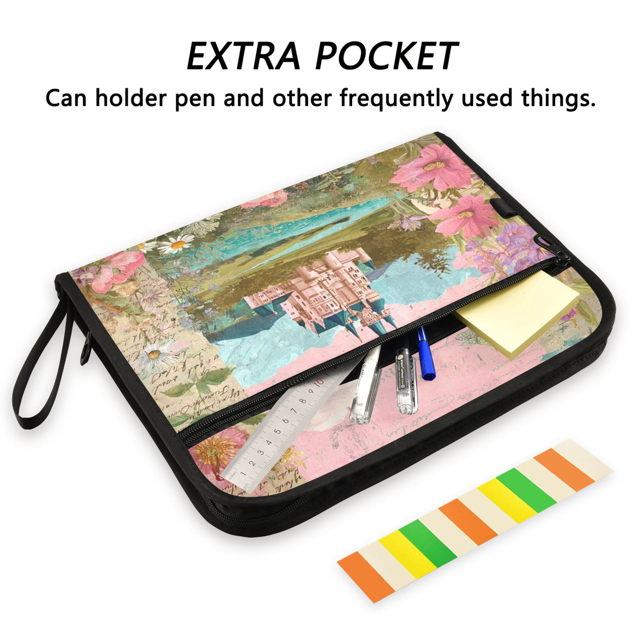 13-Pocket Expanding File Folder—Nylon Accordion File Organizer with Handwritten Labels, Castle Pattern
