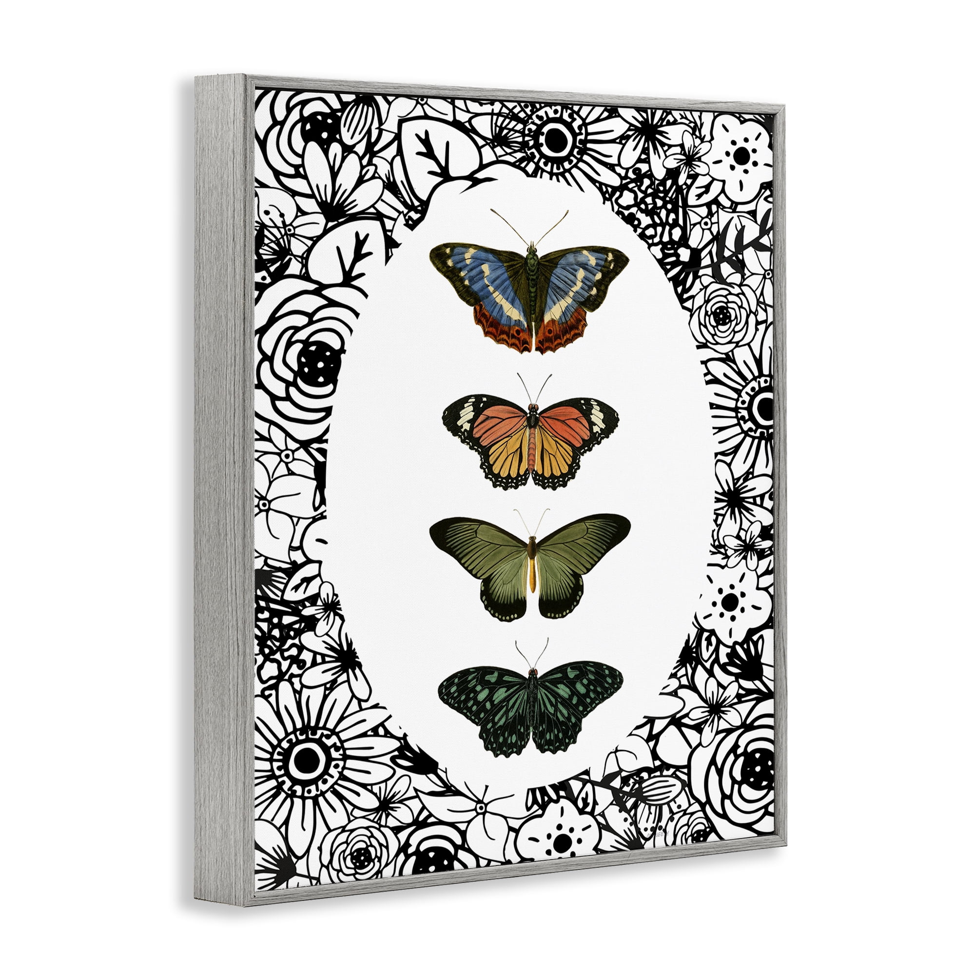 Stupell Industries Floral Border Butterfly Lineup Gray Framed Giclee Art, design by Dan Meneely