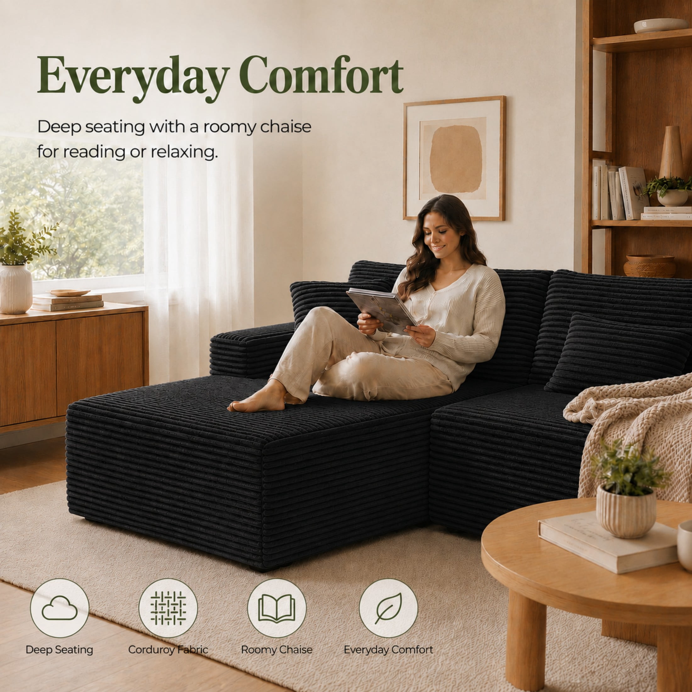 Aenkyo 106 Inch Corduroy L-Shaped Cloud Sectional Sofa with Reversible Chaise, Black