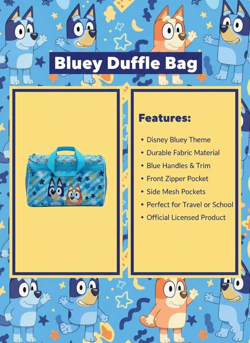 Bluey Kids Duffle Bag  Bluey & Bingo Travel Gym Bag with Adjustable Shoulder Strap, Mesh Side Pockets & Zipper Pocket