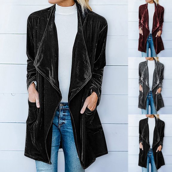 Idoravan Cardigans for Women Plus Sizes Women Solid Color Casual Long Sleeve Pocket Mid-Length Cardigan Tops Blouse Coat Black