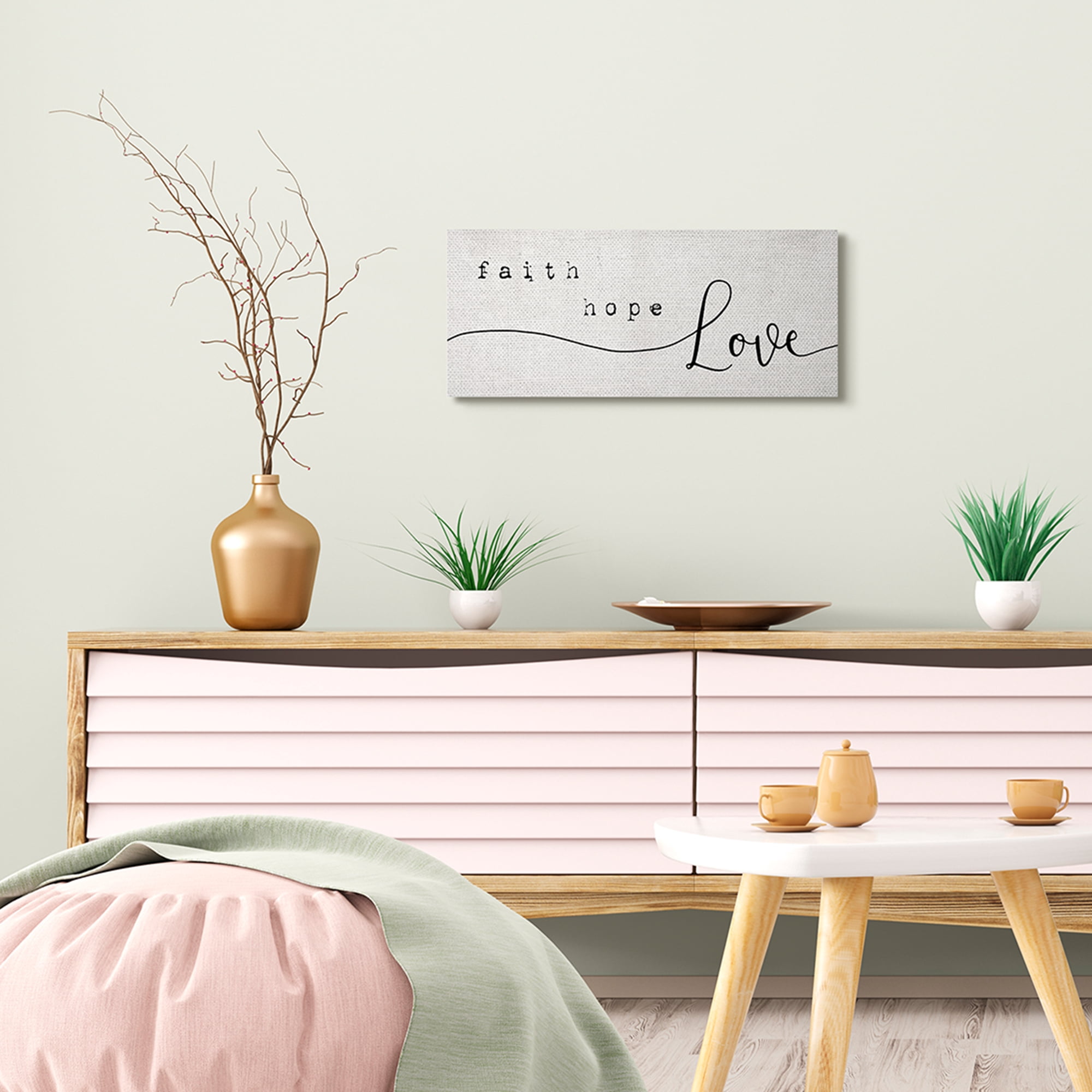 Stupell Industries Faith Hope Love Phrase Charming Cursive Script Religious Painting Gallery Wrapped Canvas Art Print Wall Art, 10 x 24