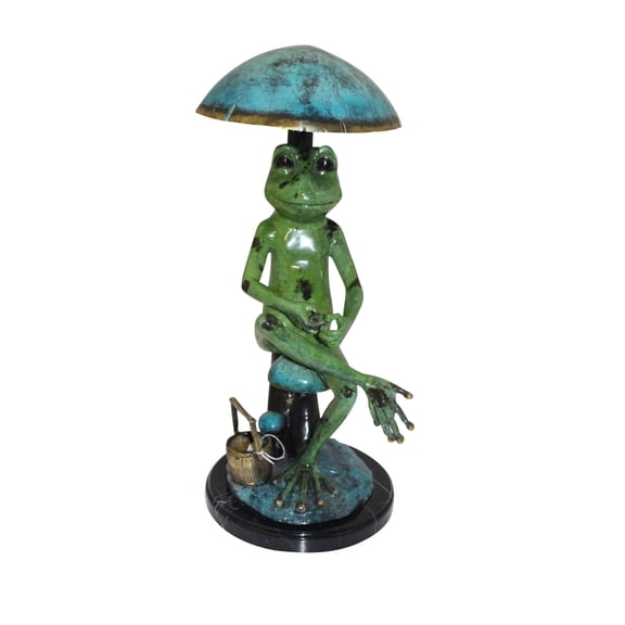 Frog with Umbrella Bronze Statue - Size: 11"L x 10"W x 22"H.