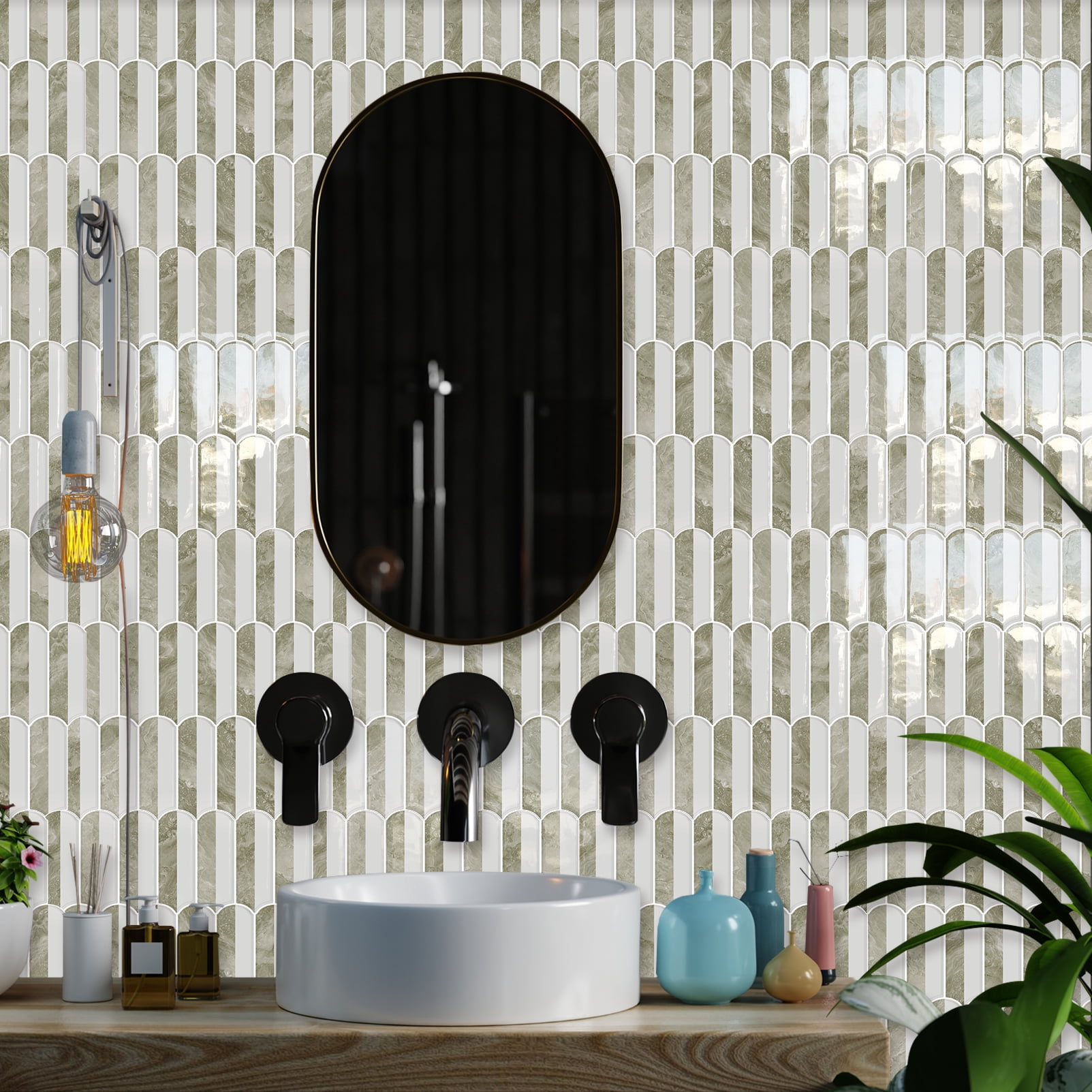 DEWOO 10-Sheet Upgraded Thicker Peel and Stick Kitchen Backsplash Tiles,Waterproof Self-Adhesive Vinyl Wall Tile Fish Scale Mosaic Design,for Bathroom,Fireplace and RV(Beige,12"×12")