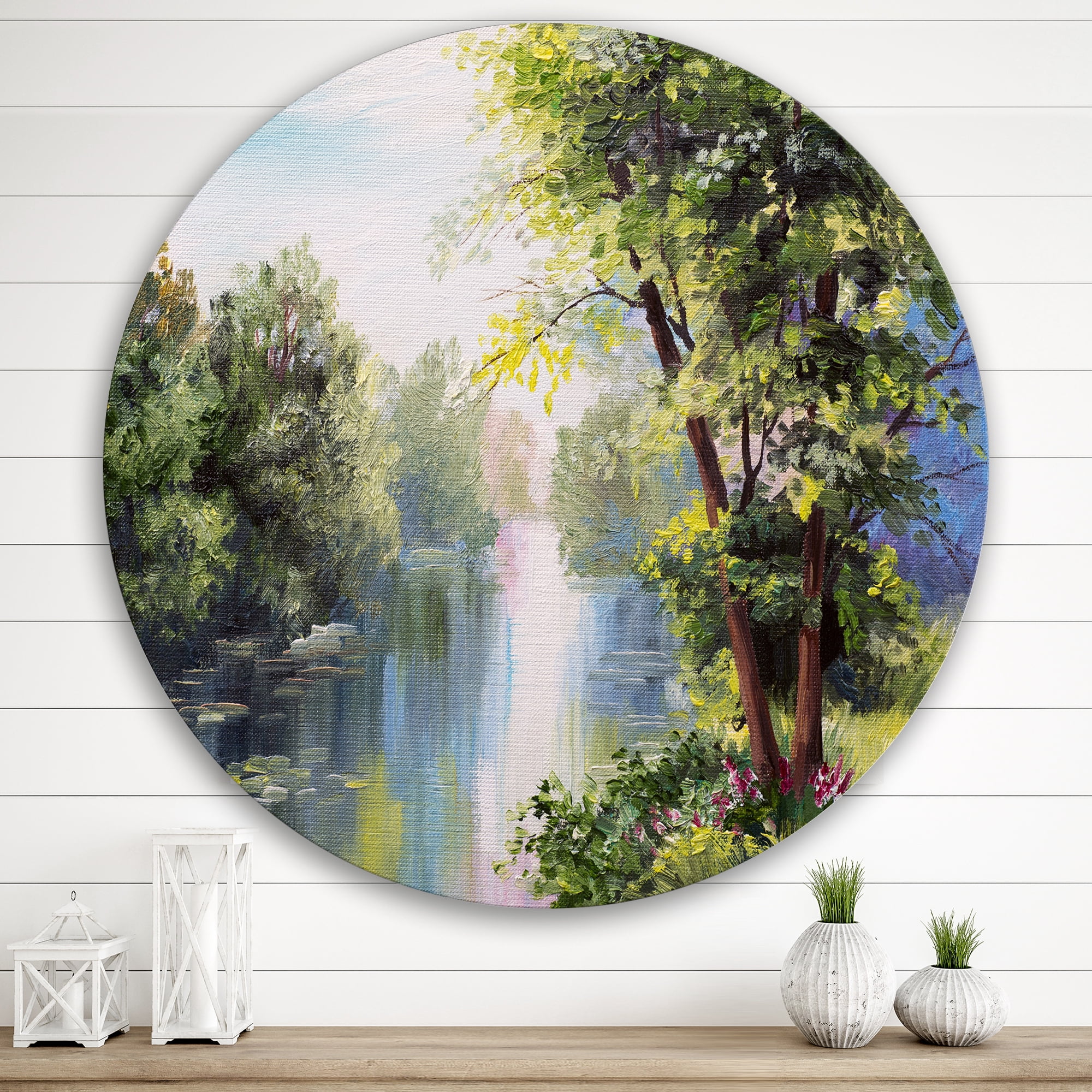 Designart 'Lake In The Forest Summer Day - Landscape' Lake House Circle Metal Wall Art 36x36 - Disc of 36