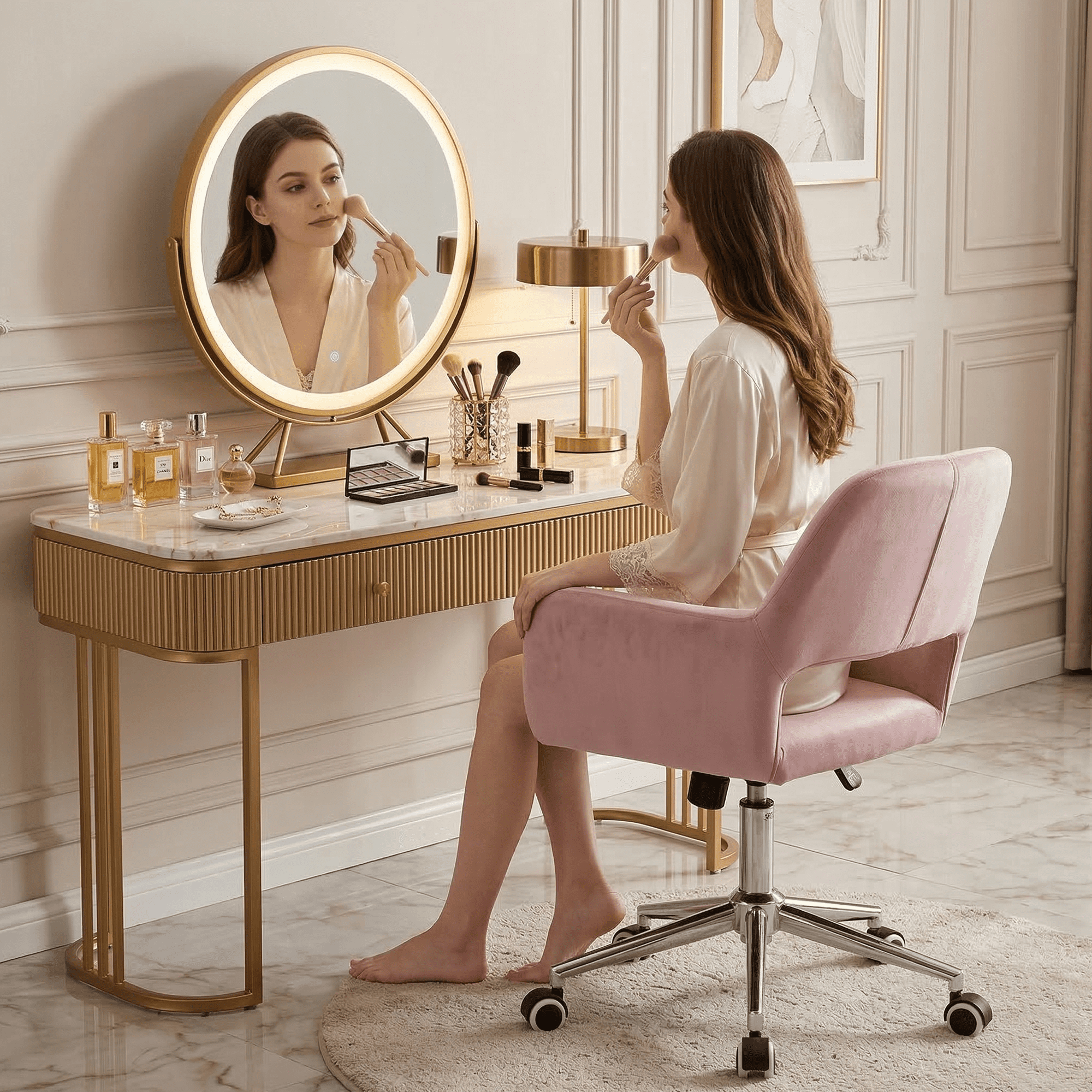 Homy Casa Swivel Office Chair, Adjustable Rolling Desk Chair for Meeting, Vanity or Meeting, Beige