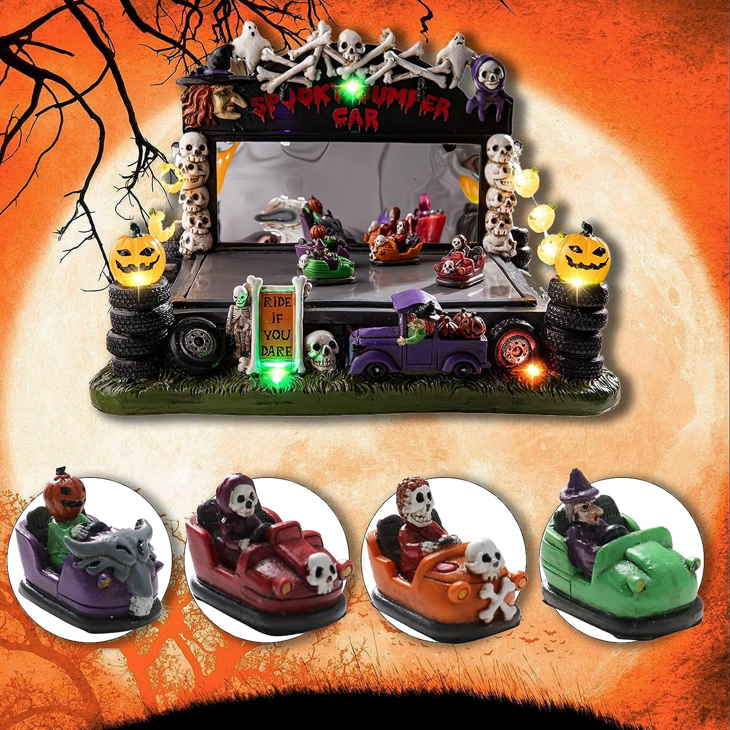 8 Inch Halloween Village Collection Spooky Haunted House with Ghost Pre-Lit  LED Hallowen Lights House Decoration Halloween Color Car Sound Animated