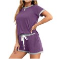 thumbnail image 1 of LOVZFMLL Ensembles Deux Pièces pour Femmes Pyjamas à Manches Courtes Ensembles Hauts à Col Rond et Shorts Ensembles de Course Deux Pièces avec Poches Violet P, 1 of 7