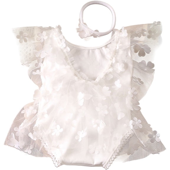 2pcs Lace Tulle Romper Tutu Dress Ruffle Sleeve Flowers Tie-Up Mesh Summer Overall Princess Party Dress with Headband