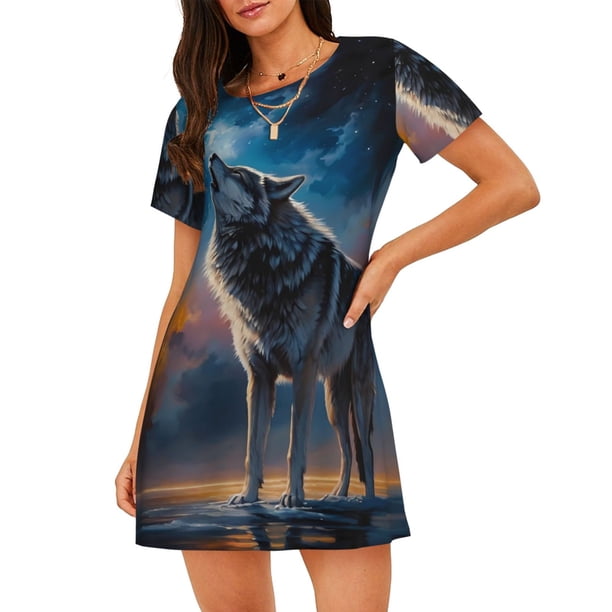 Balery Lonely Night Sky Wolf Camisón de manga corta con cuello redondo para mujer, cómodo y elegante.
