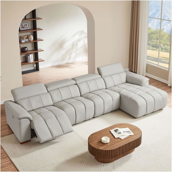 JERFIT 4-Seater Power Reclining Sofa Set with USB Charger, L-Shaped Sectional Couch, Genuine Leather Upholstery, Headrest & Footrest, Wall Hugger Design for Living Room, Light Grey