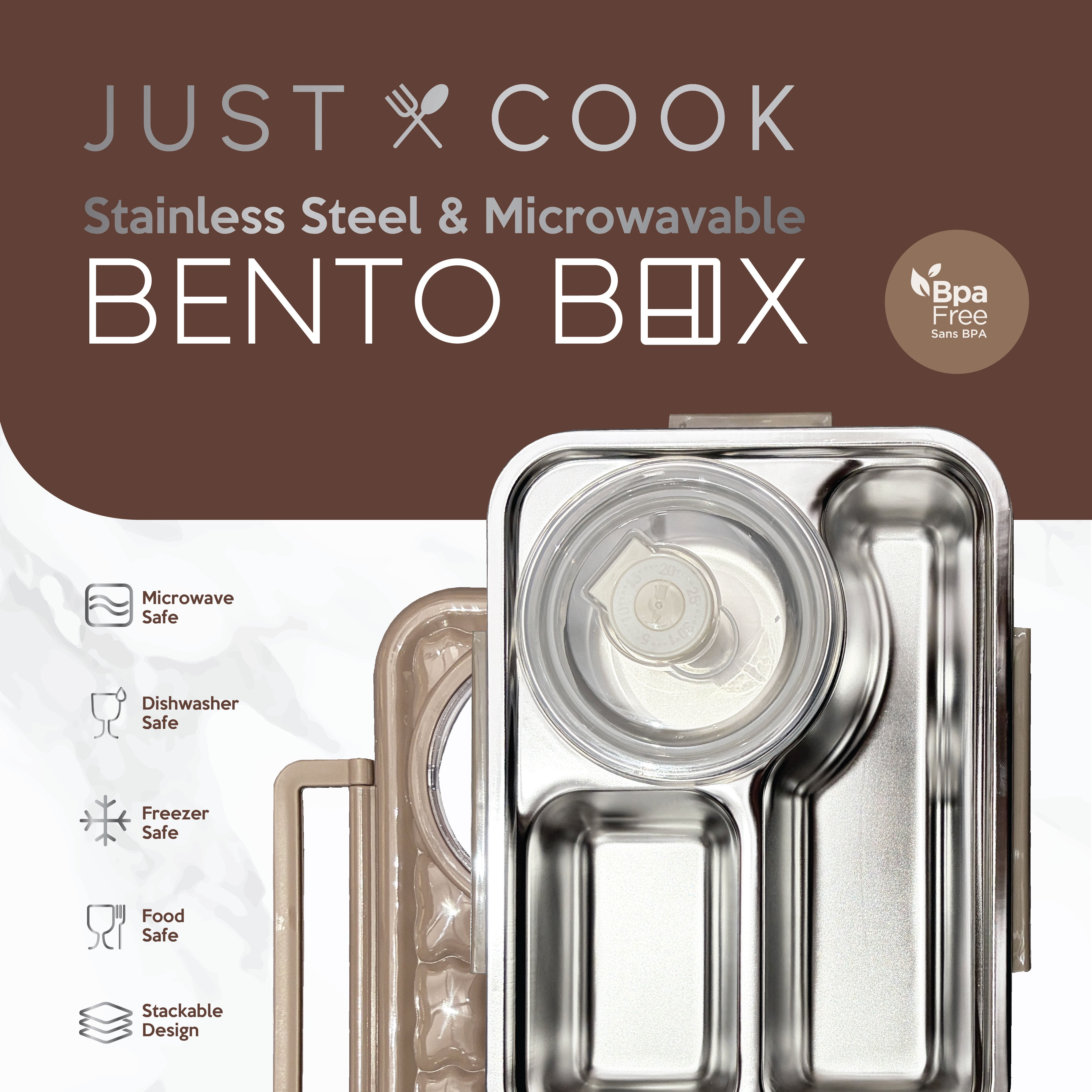 Just Cook Microwave Safe Stainless Steel Bento Box with Sauce Jar, 1050 ml (Mocha Mousse)