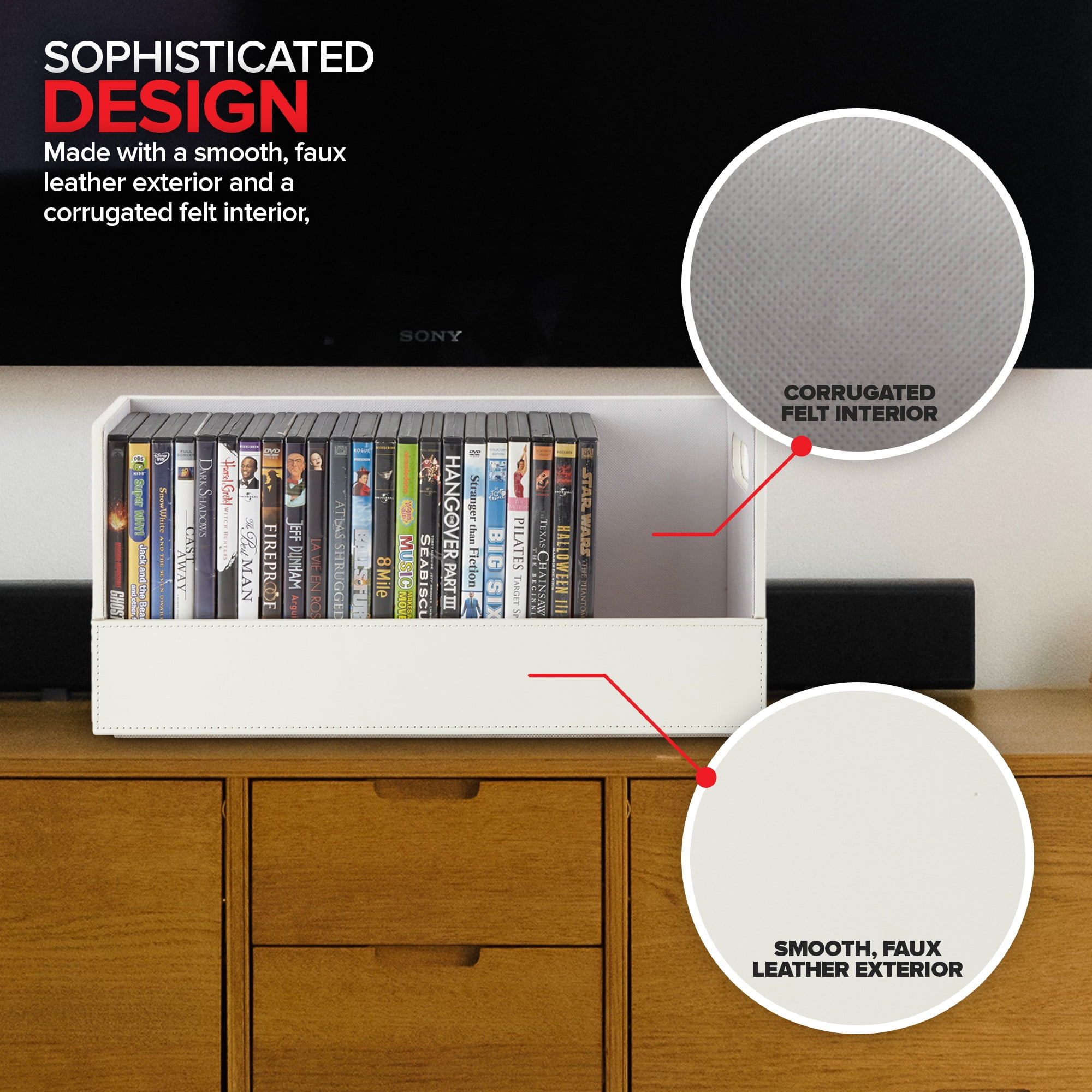 Stock Your Home DVD Storage Box, Movie Shelf Organizer for Blu-Ray, Video Game Cases, CDs, VHS Tape Display Stand, Disc Holder Can Store Up to 28 DVDs, Faux Leather (White)