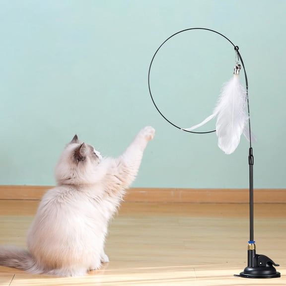 Yooshoverk Cat Feather Toy Cat Teaser Wand - Suction Cup Base with Feathers, Bells & Crinkle Toys, Interactive Play for Kittens