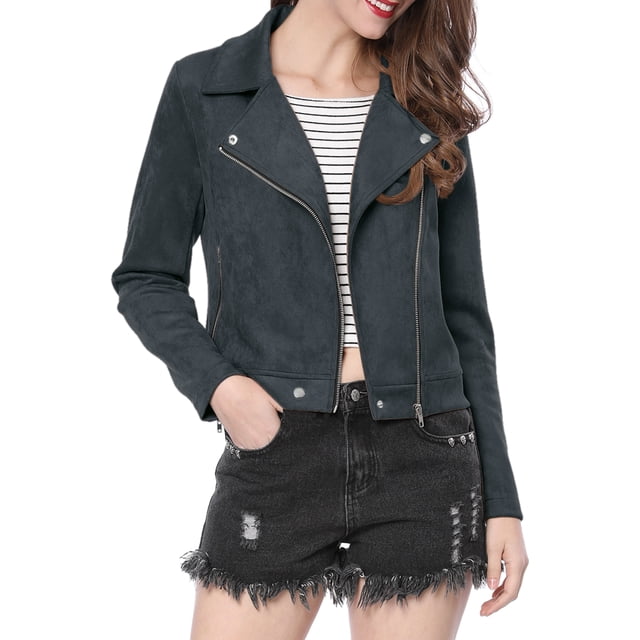 CHAQUETA DE MOTO CHIC PARA MUJER INSPIRADA EN EL ESTILO, SUEDE SINTÉTICO, COLOR SÓLIDO, CON CREMALLERA ASIMÉTRICA, TALLA XL, AZUL OSCURO