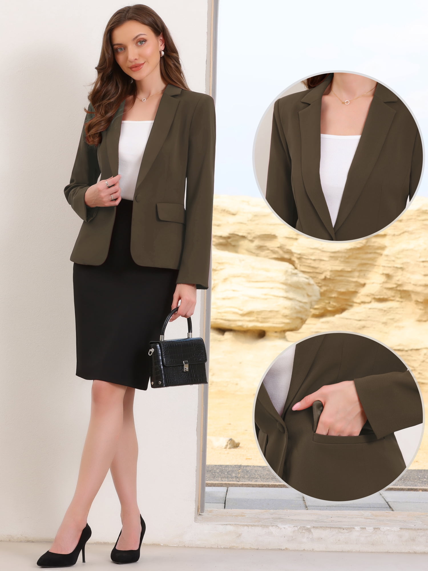 DARING DIVA Women's Casual Long Sleeve One Button Pockets Suit Jacket XS Coffee