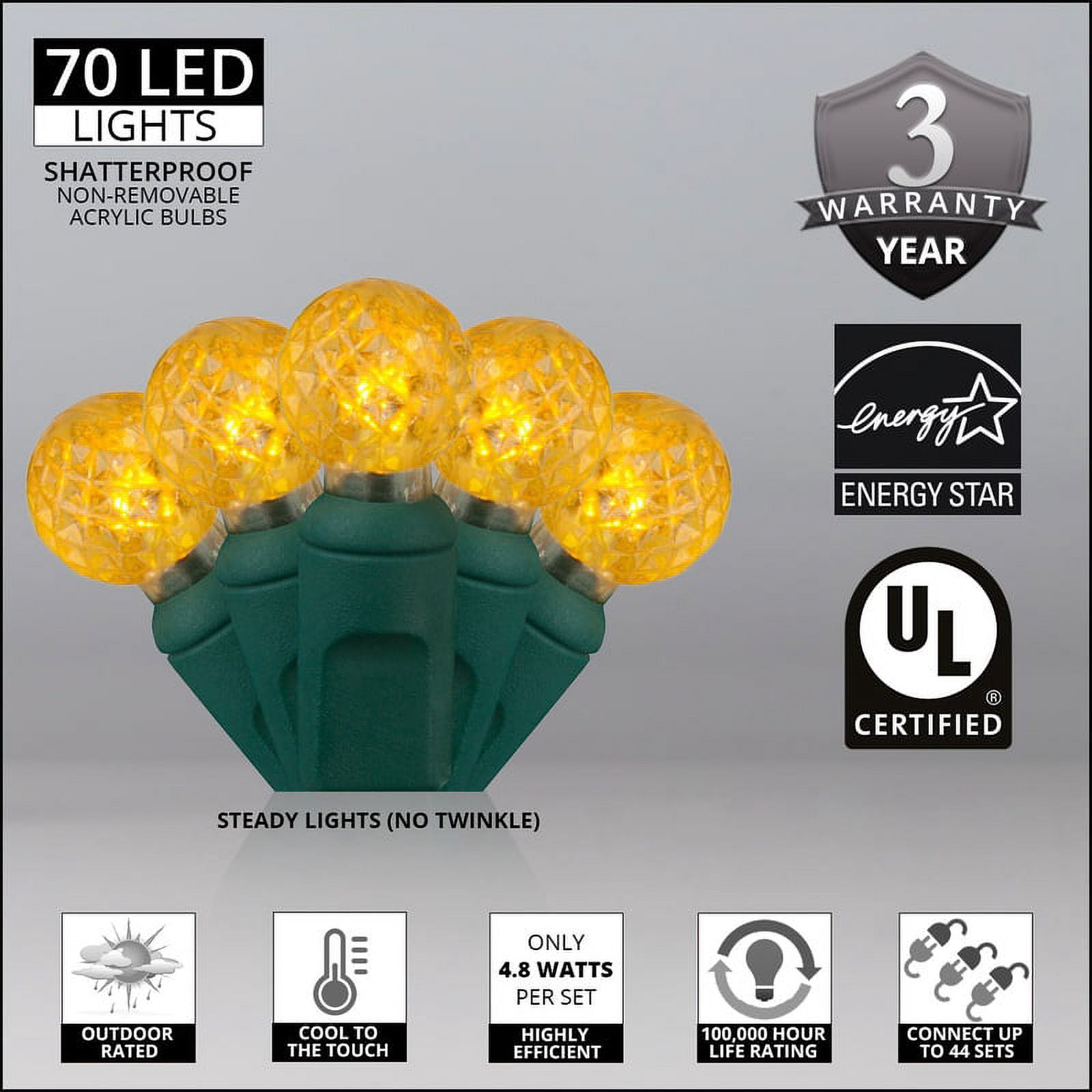 70 G12 Gold Globe Christmas Lights Gold 24 ft. LED Globe String Lights Ball Lights Dorm Room Lights Party String Lights for Bedroom Indoor-Outdoor Christmas String Lights