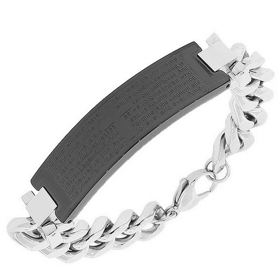 Stainless Steel Black Silver-Tone Religious Cross English Lord's Prayer Men's Bracelet