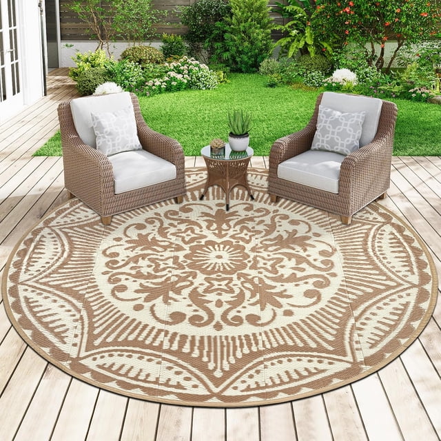 SHIQI-6'x6' Tapis d'Extérieur pour Patio en Solde Tapis Réversibles Ronds Portables en Plastique Paille Imperméable Boho Intérieur Extérieur Tapis de Zone pour Camping-Car Pique-Nique Tente Piscine Balcon Plage, Marron&Beige