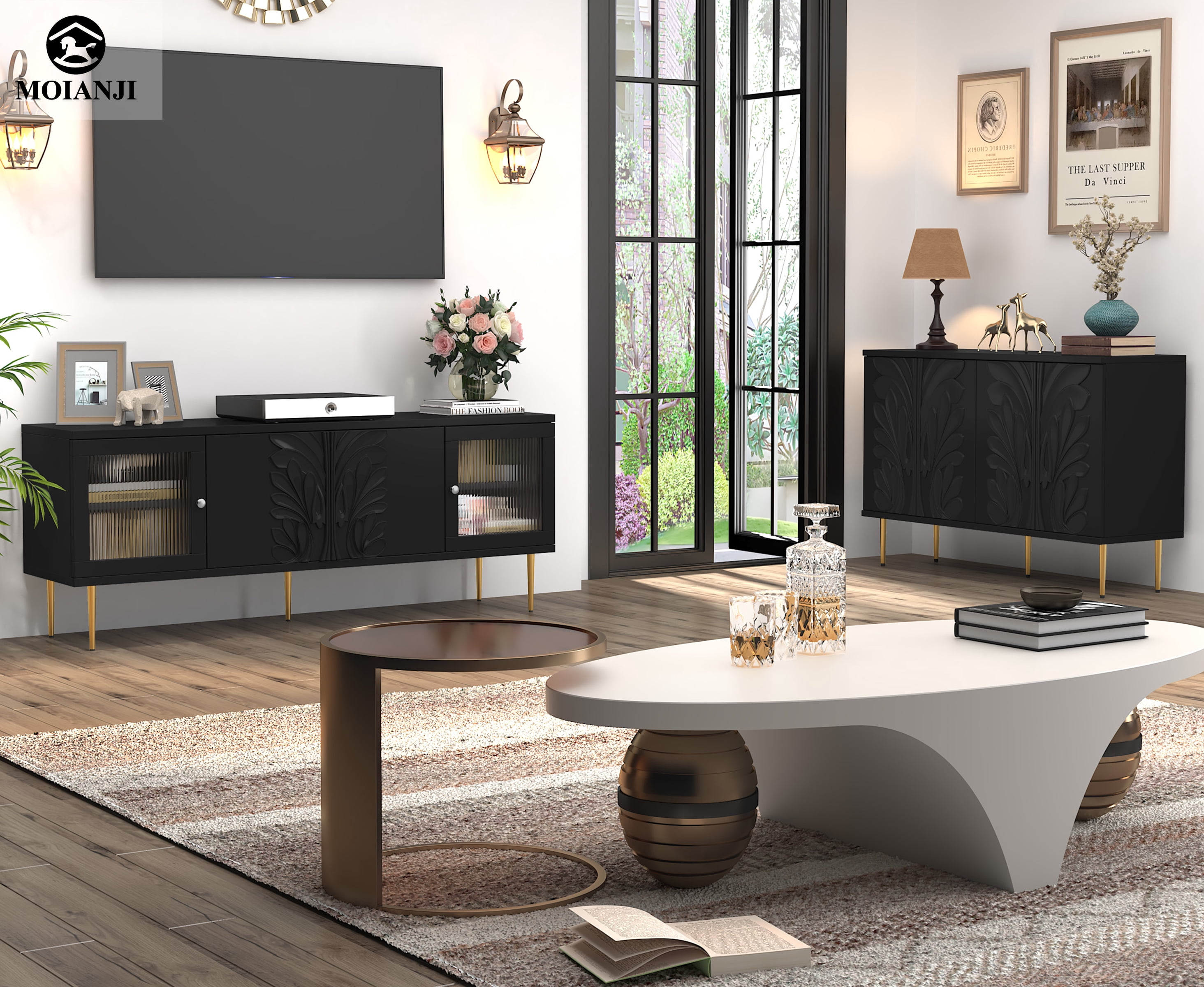 HLR 63" Modern Wood TV Stand with 3D Flower Pattern For TVs Up to 75", Entertainment Center with Storage, Black