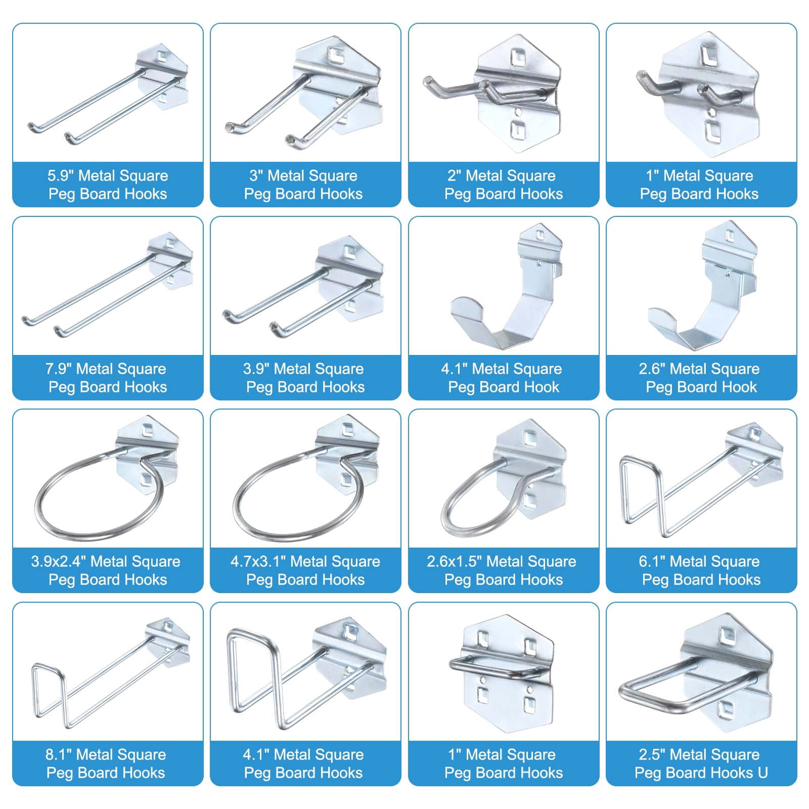 Uxcell 4Pcs Metal Square Peg Board Hooks, 6.1" Heavy Duty Square Hole Peg Hook for 3/8" Spaced Pegboards, Silver