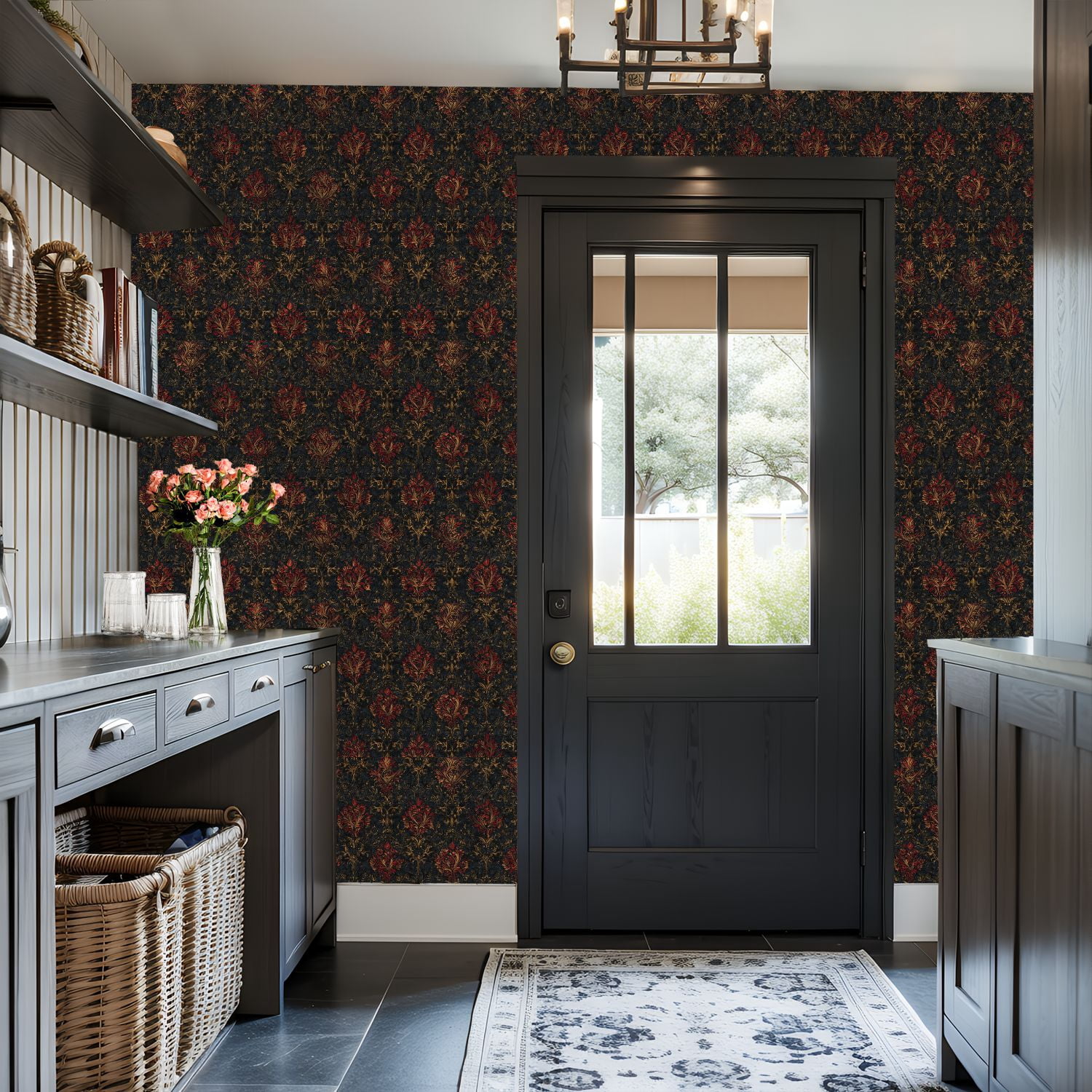 Peel and Stick Wallpaper Elegant Vintage Floral Damask Red Gold Accents Black Wall Mural 17.7in x 9.8ft Self Adhesive Removable Wall Paper Renter Friendly Wallpaper for Nursery Bedroom Cabinets