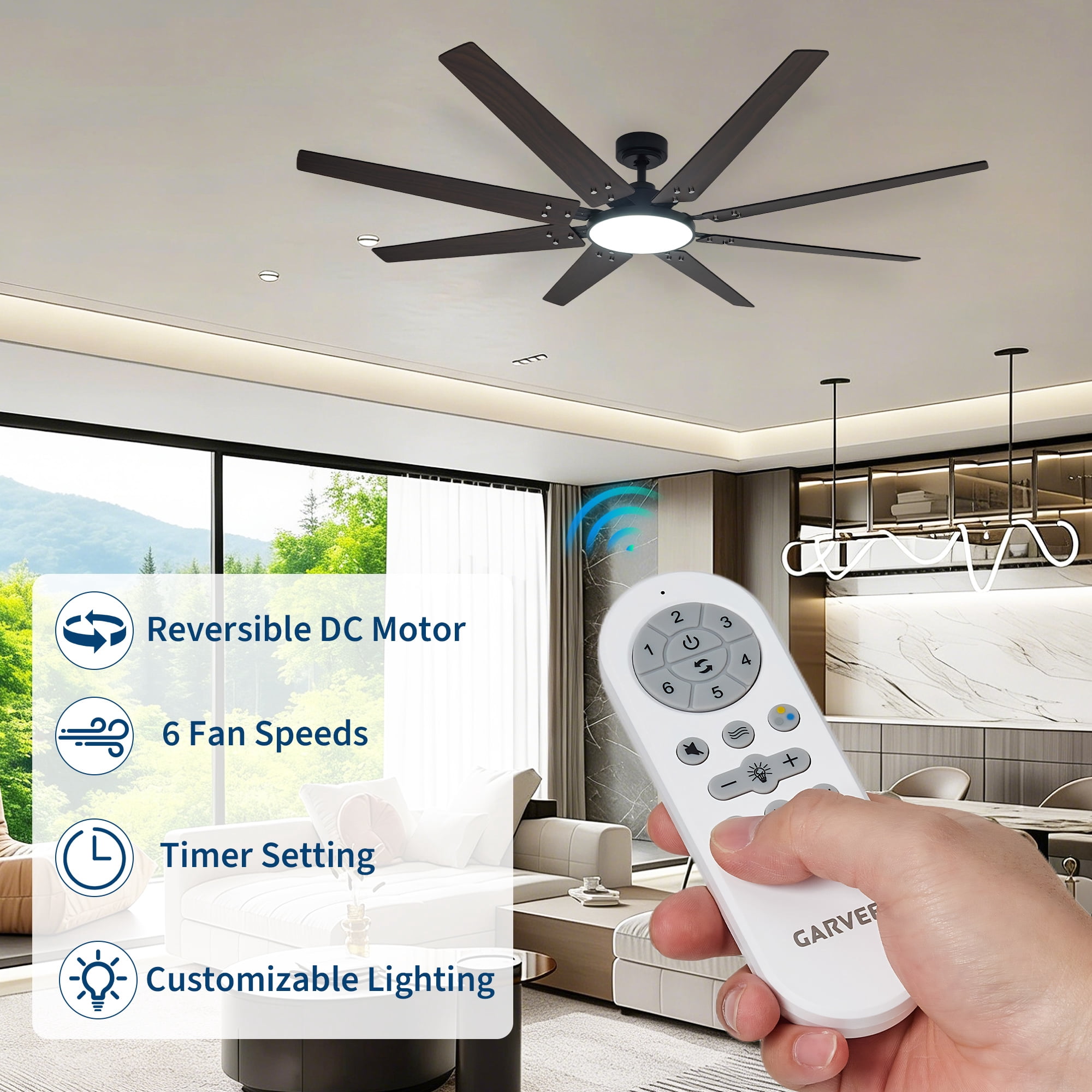 70" Large Industrial Ceiling Fan with Lights and Remote Control, 8-Blade Modern DC Motor Ceiling Fan, Reversible Blades (Black & Walnut), 6 Speeds, Timer, Quiet for Living Room, Shop, Garage