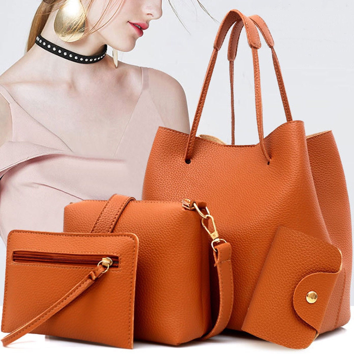 4PCS Women Lady Leather Handbag Shoulder Bags Tote Purse Messenger Satchel Set 2 