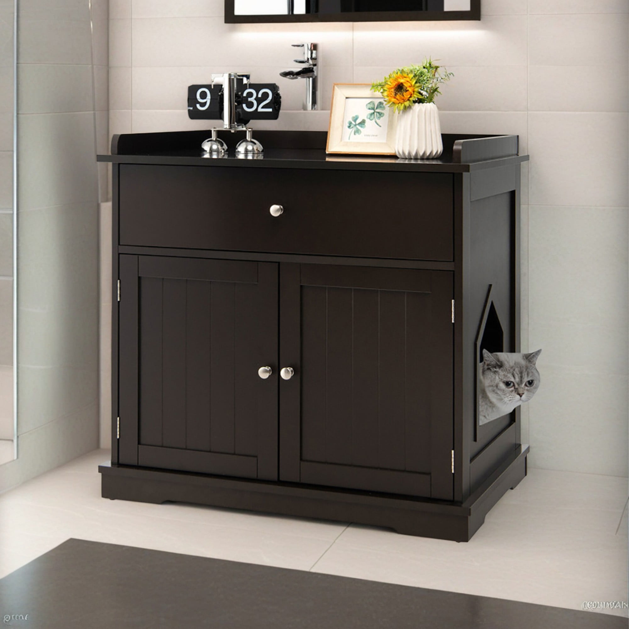 resenkos 30" Cat Litter Box Furniture with Drawer, Cat Washroom Hidden Litter Box Enclosure, Indoor Wood Cat House Cabinet, Brown