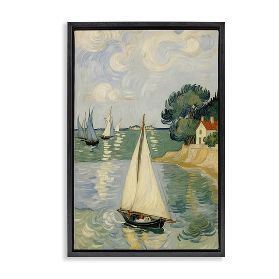 Stupell Industries Coastal Sailboats Under Swirling Clouds Black Framed Floater Canvas Wall Art, design by Angie Hawke