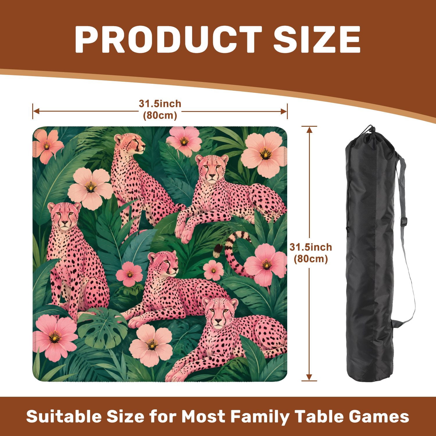 Mahjong Mat 31.5" x 31.5" seamless pink leopards flowers tropical leaves Trendy style Non-Slip Noise Reduction Mahjong Tiles Table Cover for Dominoes Poker Card Board and Tile Games