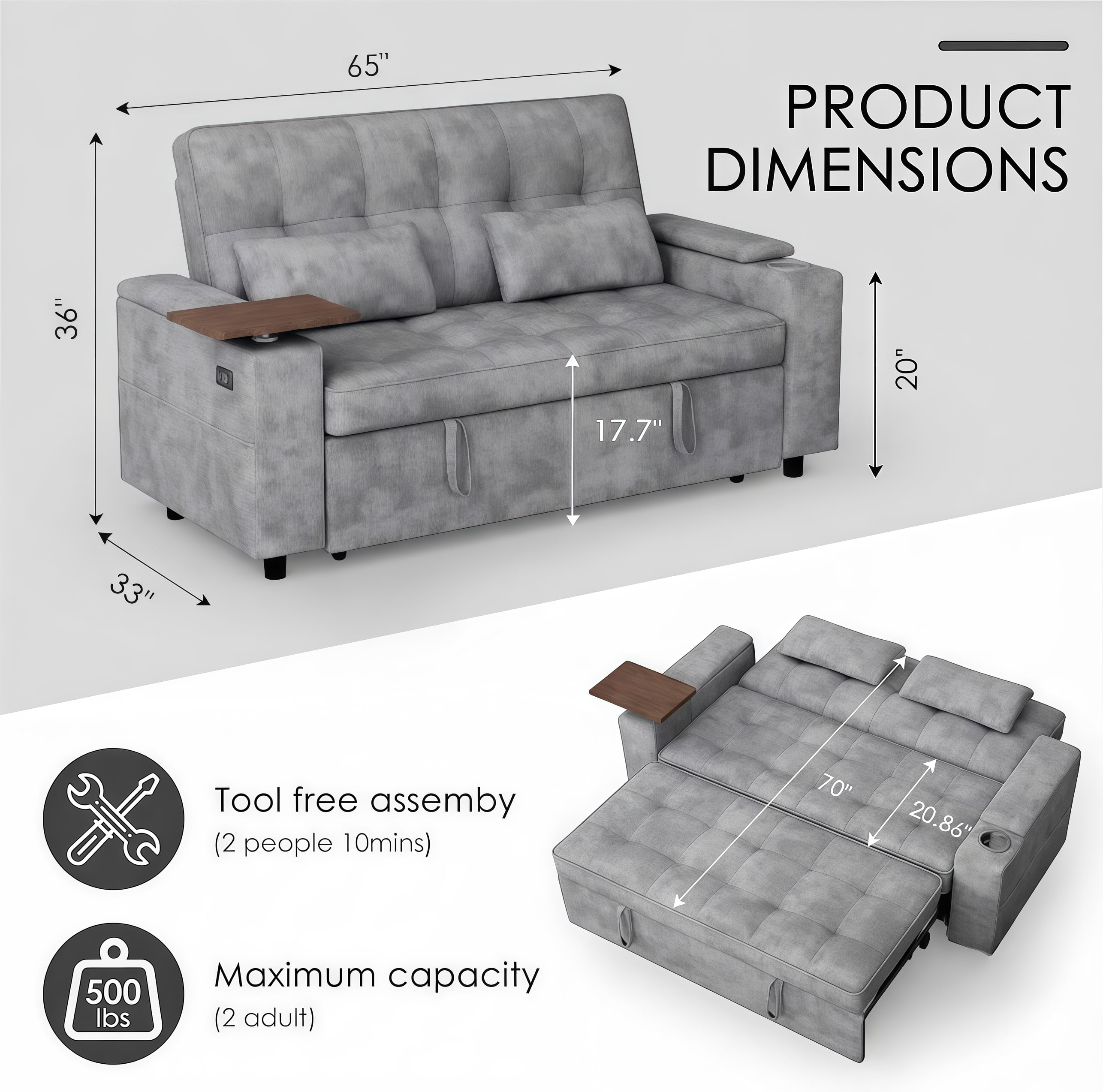 ShiKeyi 65" 3-in-1 Convertible Sofa Bed, Pull Out Loveseat with Chenille Fabric/Hidden storage space/Cup holder, Sleeper Sofa Bed for Living Room, Gray