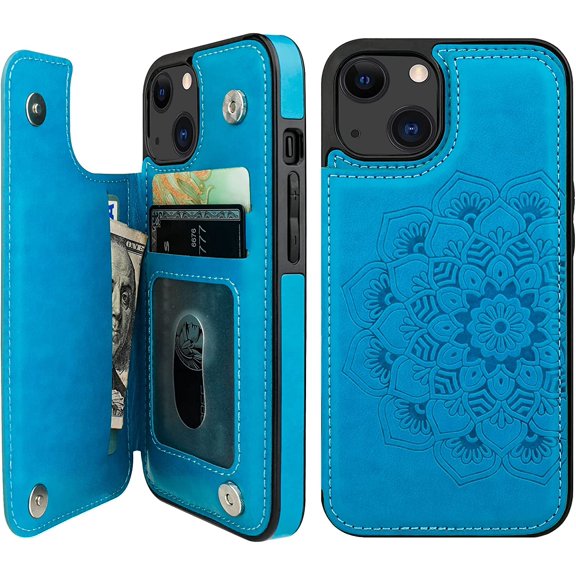 Compatible with iPhone 13 Case Wallet with Card Holder, Embossed Mandala Pattern Flower PU Leather Double Buttons Flip Shockproof Cover for Magnetic Car Mount 6.1 Inch (Blue)