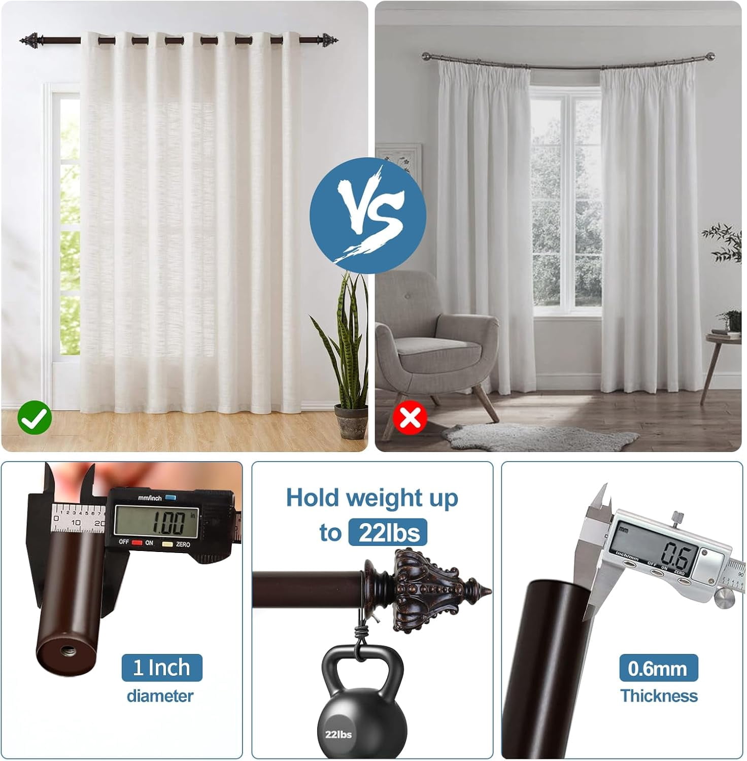 Urbanest Adjustable Single Curtain Rod Set Mahogany Regale Finials – 1 - Inch Diameter, With Bronze Rod, 48–84 Inches
