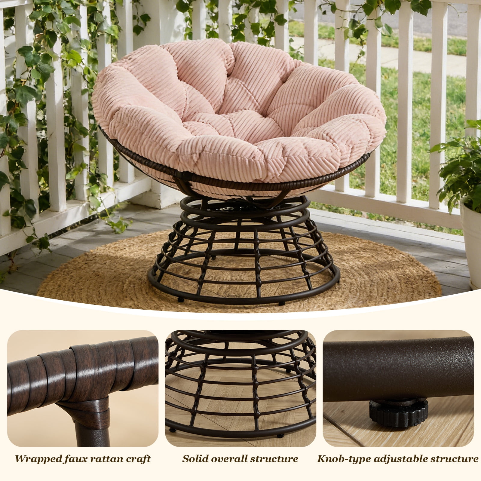 MOONMISS 360° Swivel Wicker Papasan Chair with Soft Thick Cushion for Living Room,Pink