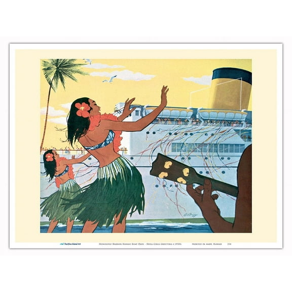 Honolulu Harbor Hawaii Boat Days - Hula Girls Greeting Passengers - Vintage Ocean Liner Travel Poster c.1930s - Master Art Print (Unframed) 9in x 12in